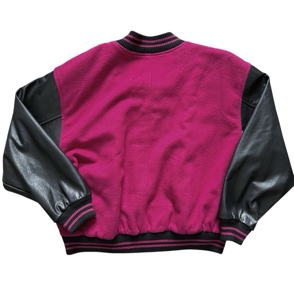 Vintage Lizsport Hot Pink Varsity Bomber Jacket Women’s Large Wool Leather Patch - Picture 2 of 11